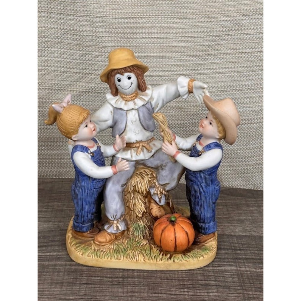 Homco Denim Days Scarecrow Fun Figurine 1524 Vintage 1985 Porcelain Fall Decor